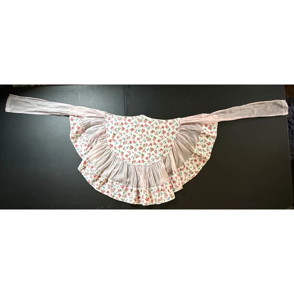 Vintage Floral Ruffle Apron Pink Sheer Full Bib Cottagecore 1950s 1960s